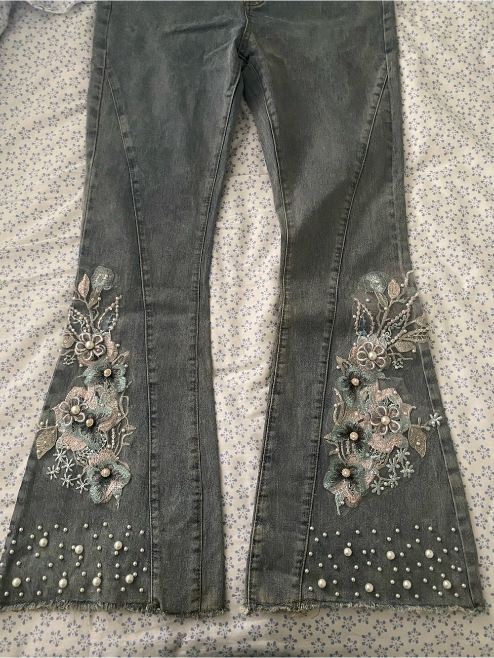VENUS Gray Flared Jeans with Pastel Floral Embroidery & Pearls